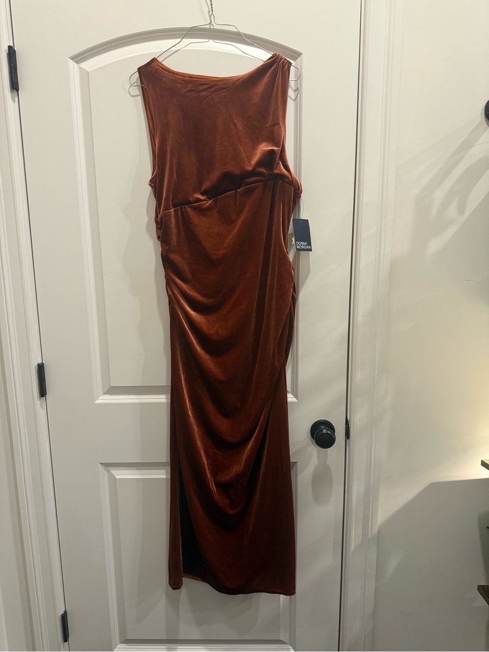 Donna Morgan One-Shoulder Velvet Draped Dress - Rust Brown